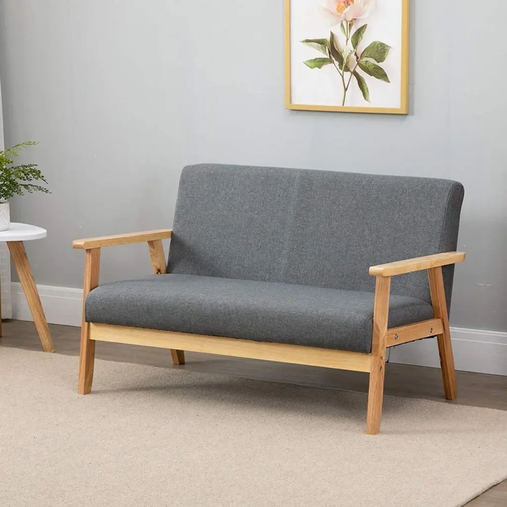 Neche 2 Seater Modern Wood Couch Linen Fabric Loveseat Sofa Small Spaces