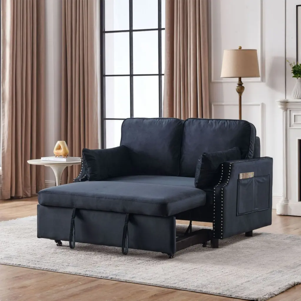 50 Velvet Upholstered Sleeper Sofa Bed Side Storage Pockets and Nailhead Design CNCJ