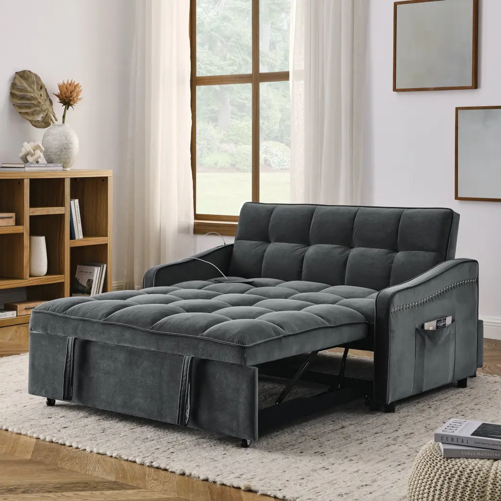 DeeHome Loveseats Sofa Bed Pull-out Bed, Adjustable Back, USB Charging, Grey