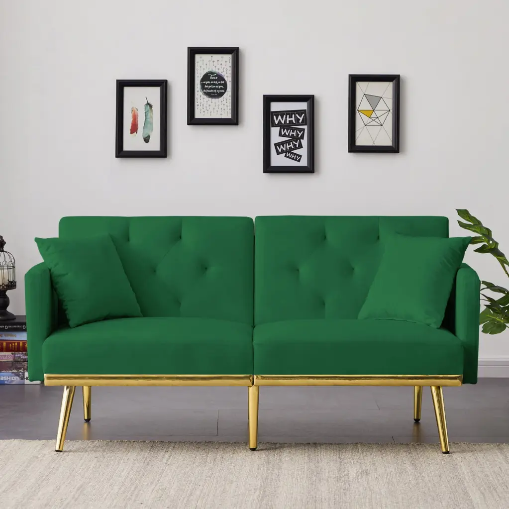 Modern Velvet Sofa Bed Lush Green Convertible Adjustable Back Metallic Gold Legs Apartments Studios HATNOKIL