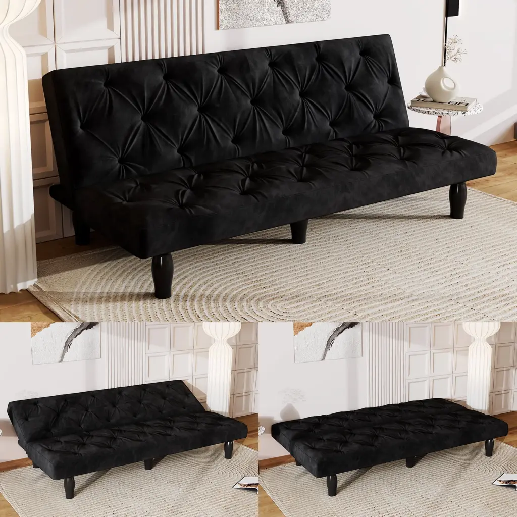 66 Inch Black Velvet Modern Convertible Sofa Bed Adjustable Backrest 500 lbs Capacity HOMXIAOWO
