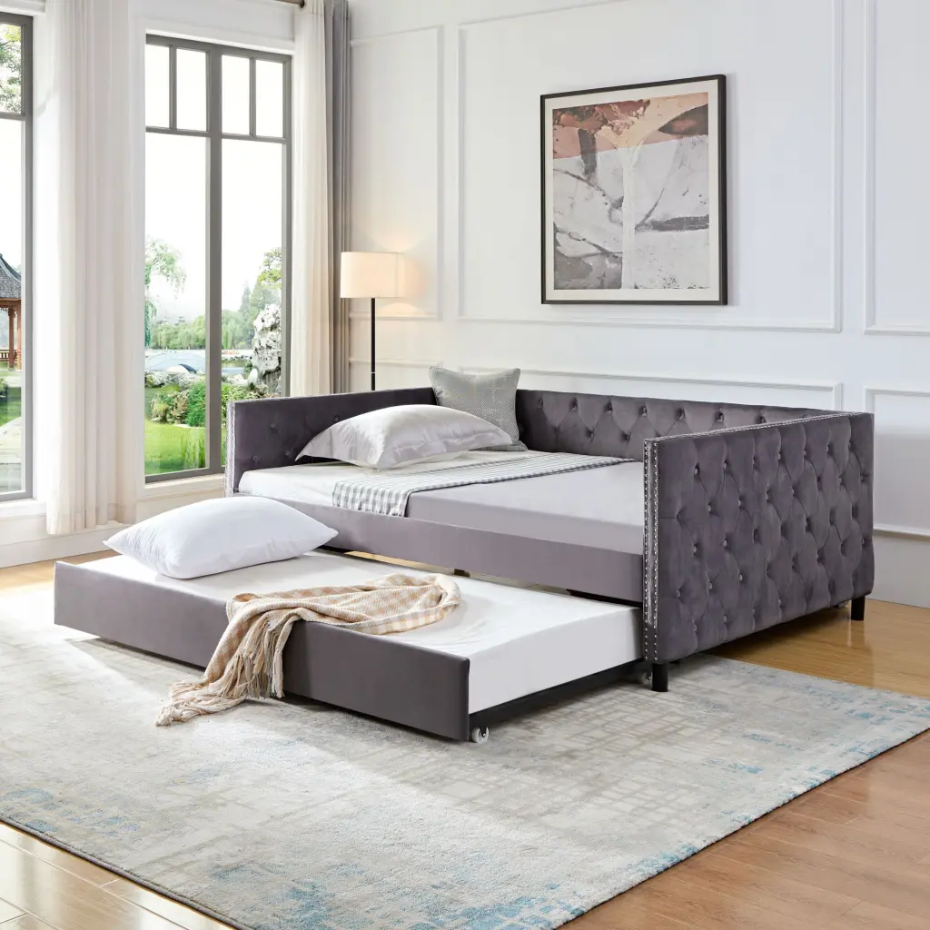 Sofa Bed Wheels Upgraded Velvet Upholstered Button Copper Nail Square Arms Gray Full Size Jamini