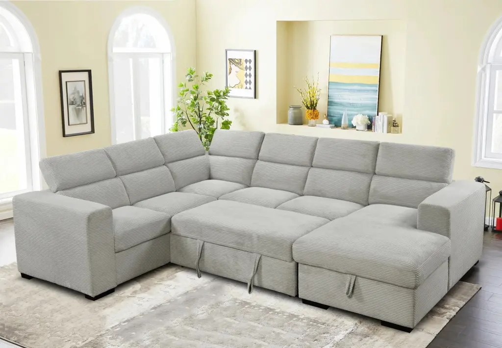 Living Pavilion 123 Oversized Modern U-Shaped 7-seat Sectional Sofa Bed Storage Chaise Light Gray
