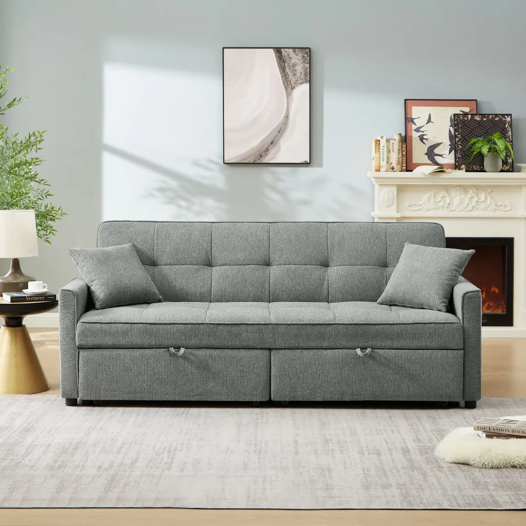 Dark Gray Fabric Sofa 3-Seater Quick Pull-Out Bed Storage Space within Armrests Perfect Relaxing Reading Living Room Bedro...