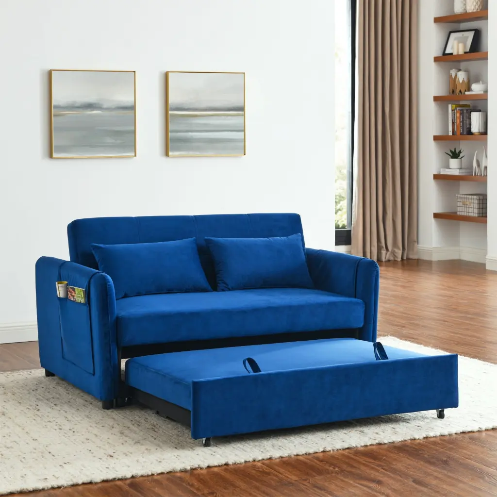 Modern Blue Velvet 3--1 Convertible Sofa Bed Pullout Bed Feature Adjustable Backrest LMing