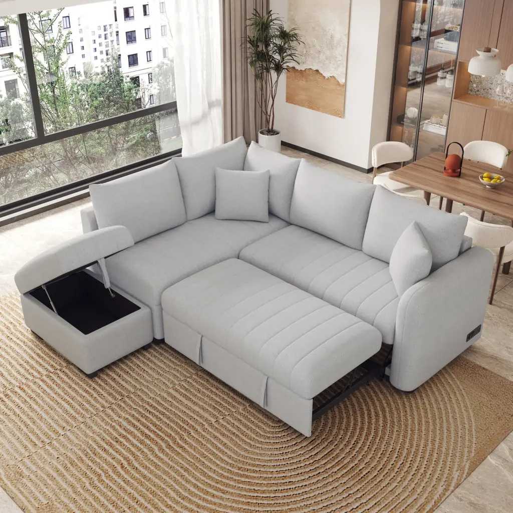 Multi-functional Gray L-Shaped Sectional Pull-out Sofa Bed and Ottoman LMing