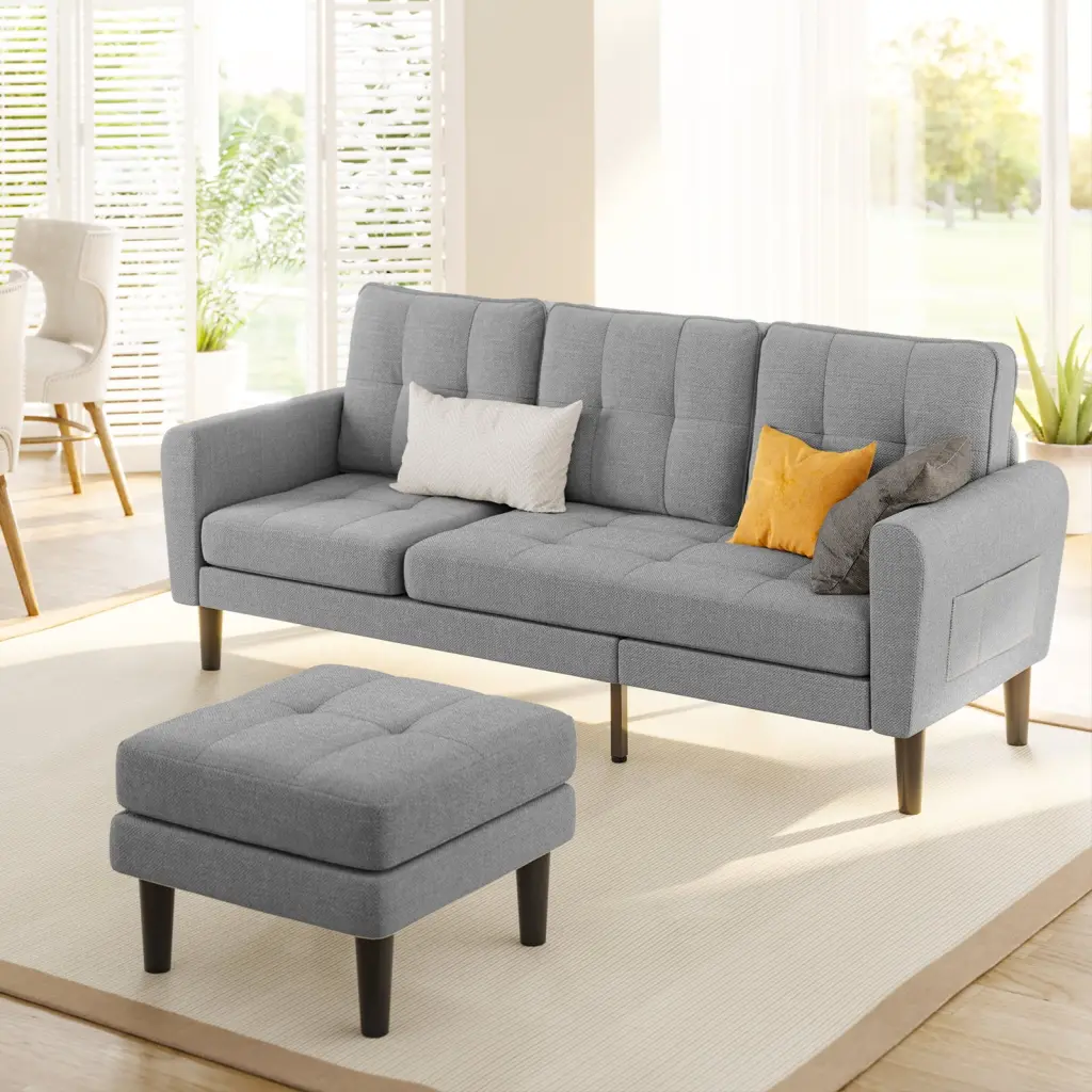 Lofka Small Sofa Bed Modern Sectional Sofa Ottoman L Shape Couch Living Room Light Gray