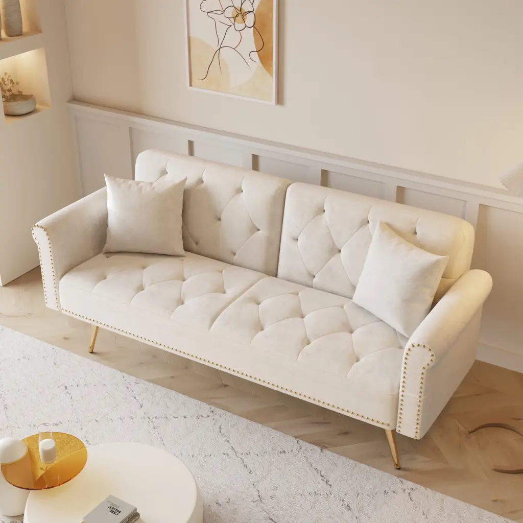 Miekor Furniture 69.7 Inch Beige Velvet Nail Head Sofa Bed Throw Pillow