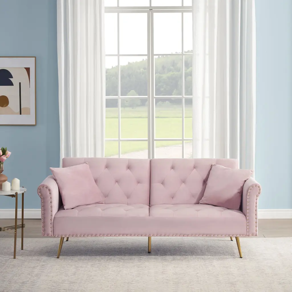 Pink Velvet Nail Head Sofa Bed Throw Pillow and Midfoot Miekor