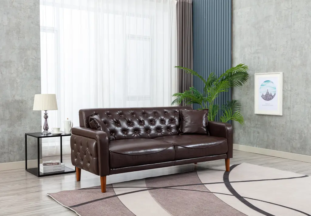 Ivory Brown Black Leather PU Sofa Bed 2 Pillows - Sturdy Durable Loveseat Living Room Mydepot