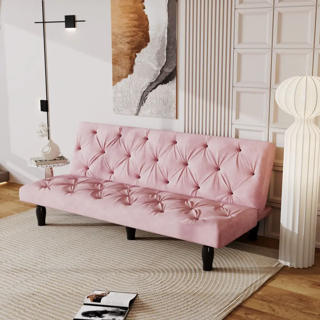 66 Inch Pink Velvet Convertible Sofa Bed Family Living Room Apartment Bedroom OMCCHK