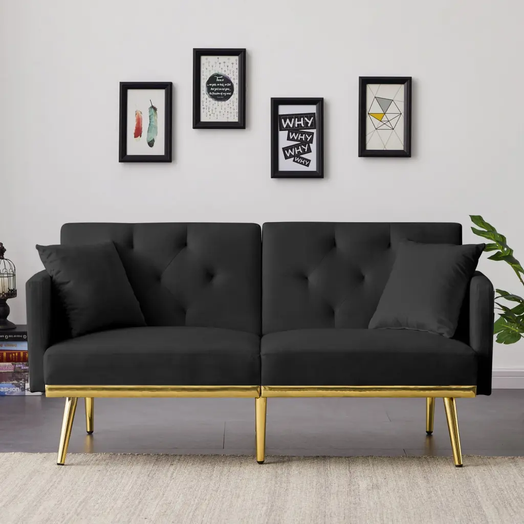 Black Velvet Sofa Bed Modern Multi-Functional Convertible Comfortable Bed Stylish Space-Saving Furniture Ponnky