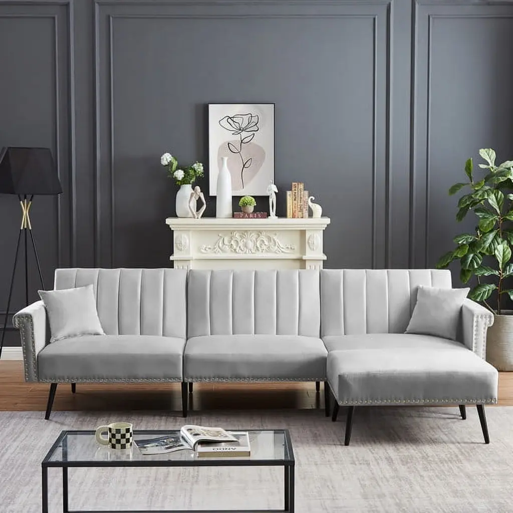Sophisticated Grey Velvet Sectional Sofa Bed Ottoman and Adjustable Backrest Modern Living Rooms Ponnky