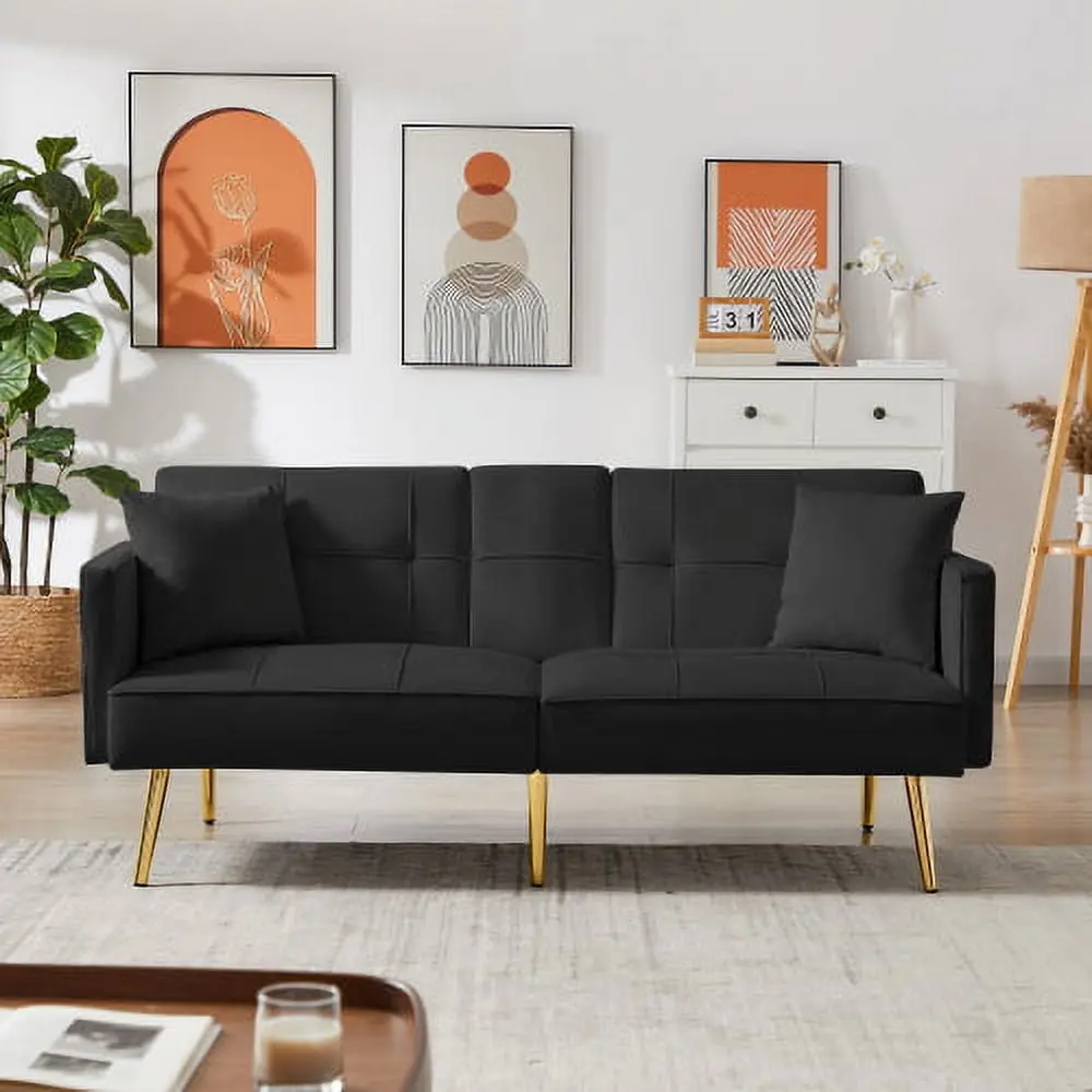 Luxury Black Velvet Sofa Bed Sleeper Loveseat Vintage Nailhead Trim and Metal Legs Triple Tree