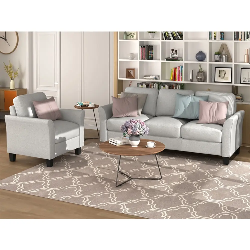 Lowestbes 3-seat Sofa and Single Sofa Modern Fabric Sofa Set Sturdy Wooden Legs Rolled Arm Microfiber Sofa Bedroom Living ...