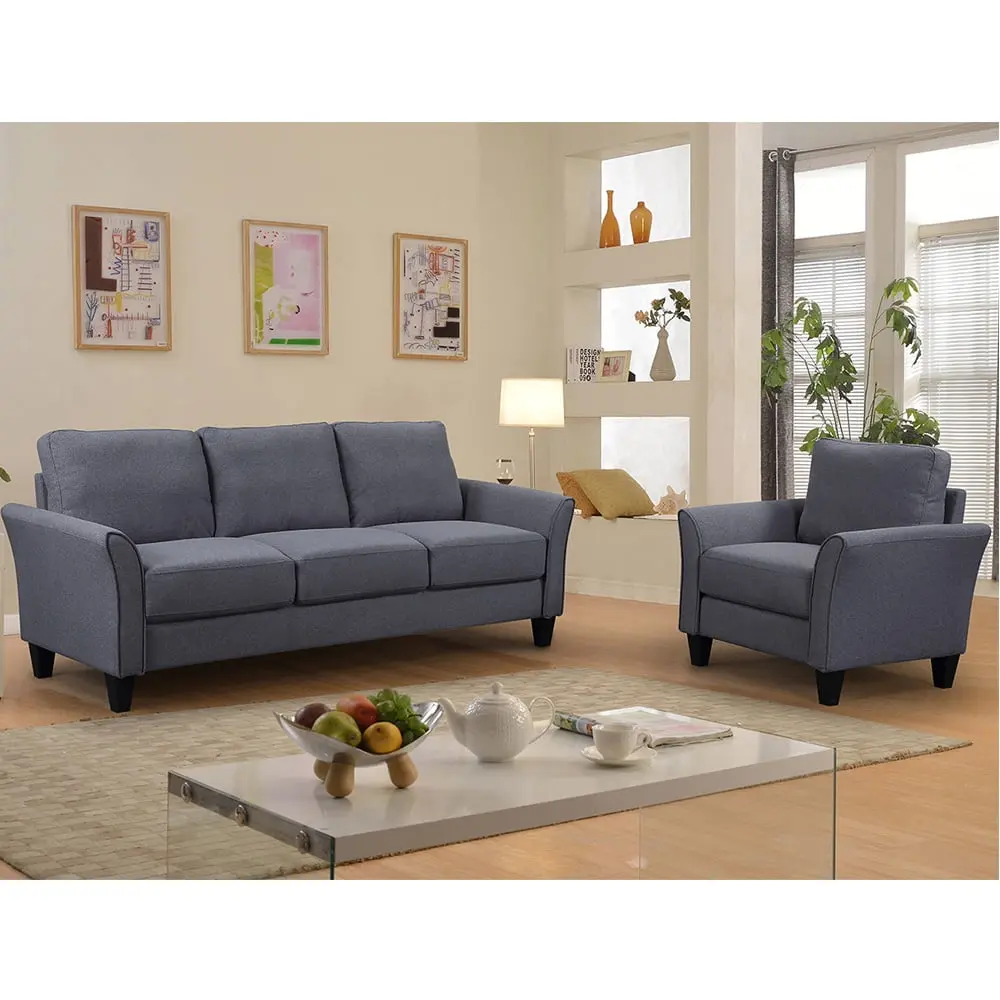 Lowestbes 3-seat Sofa and Single Sofa Modern Fabric Sofa Set Sturdy Wooden Legs Rolled Arm Microfiber Sofa Bedroom Living ...