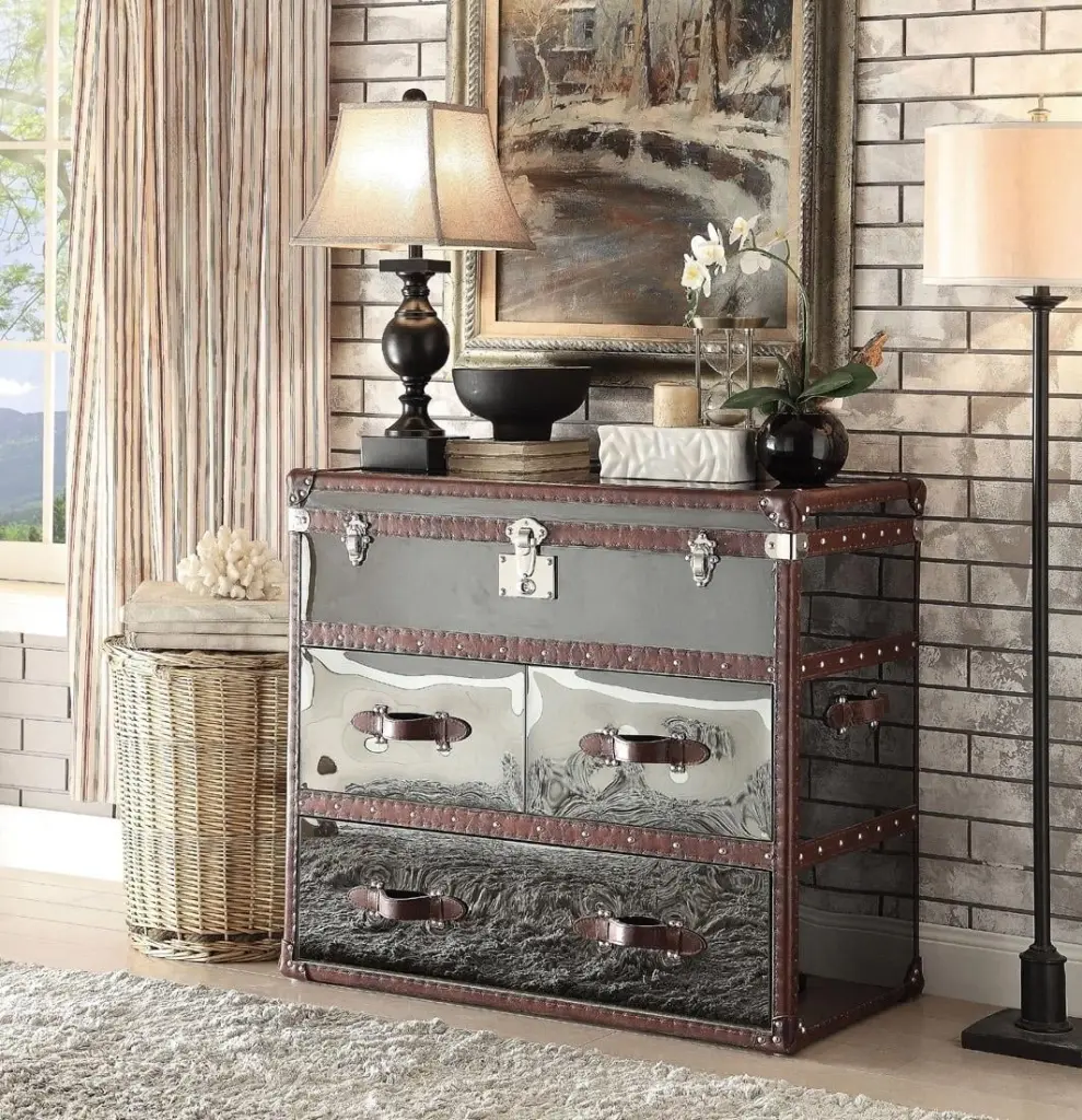 Vintage Steel Dark Brown Leather Straps Sofa Table Acme 97154 - Rustic Industrial Design