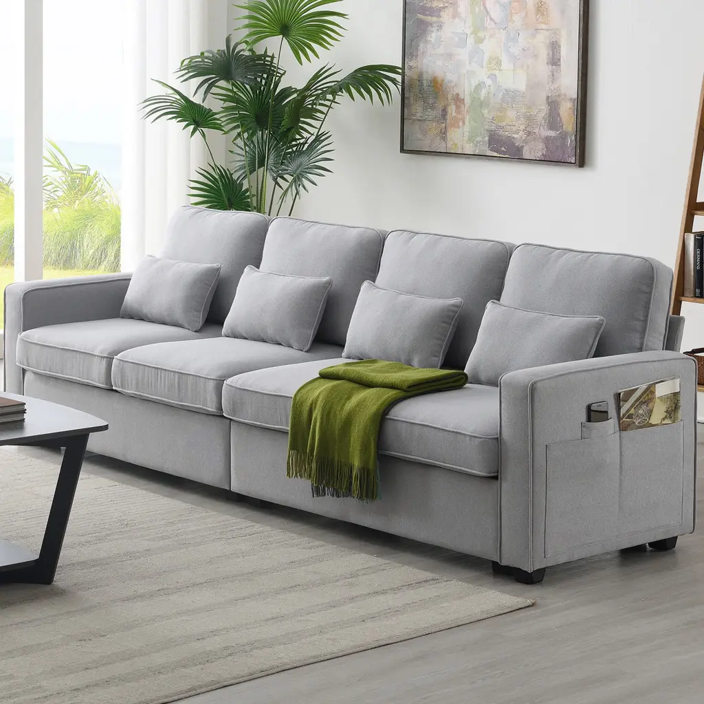 104 Modern 4-Seater Linen Sofa Armrest Pockets and 4 Pillows - Minimalist Living Room Couch CNCJ