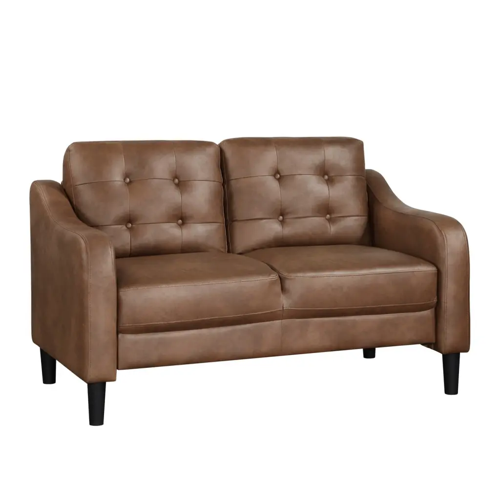 Benjara Orry 55 Inch Tufted Back Loveseat Brown Microfiber Black Solid Wood Frame