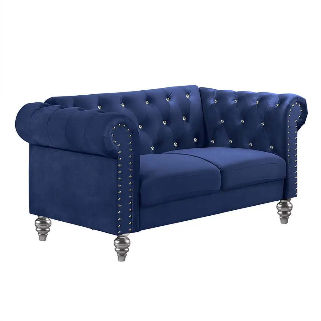 Pemberly Row Modern Crystal Velvet Fabric Loveseat Royal Blue Luxury Living Room