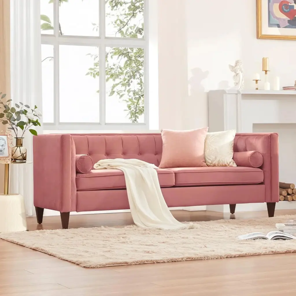Dreamsir 78 Inch Pink Velvet Mid-Century Loveseat Bolster Pillows unknown