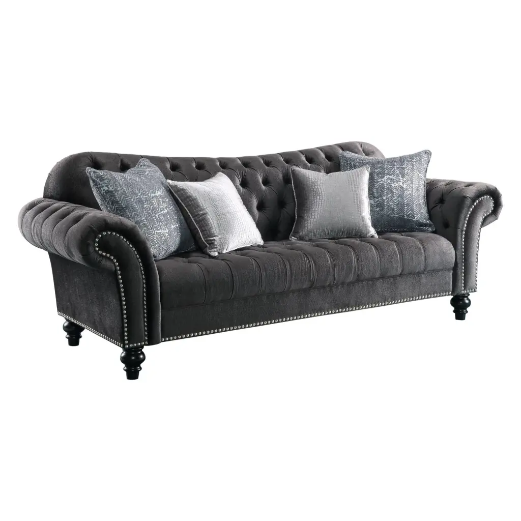 ACME Gaura Dark Gray Velvet Tufted Sofa Nail-head Trim Stylish Design Acme Furniture
