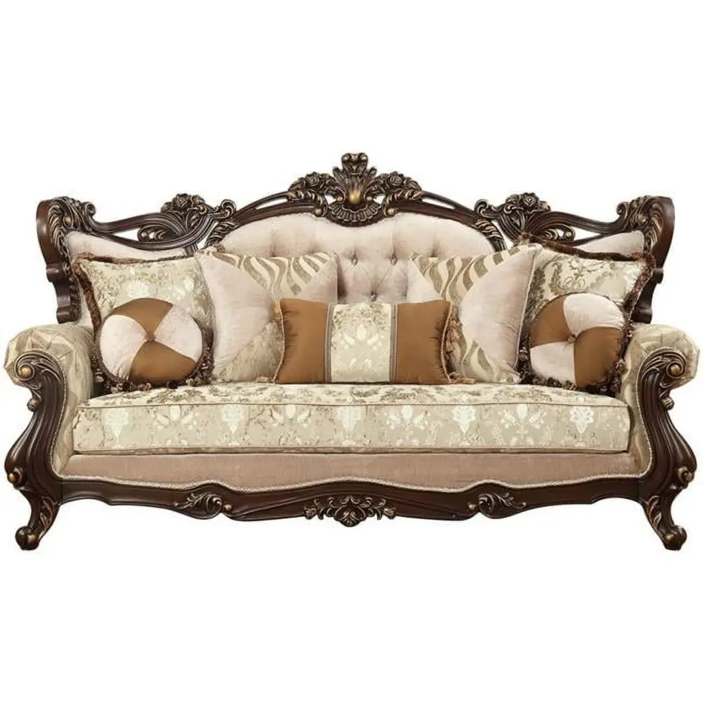 ACME Shalisa Fabric Tufted Sofa 7 Pillows Walnut Finish Acme Furniture