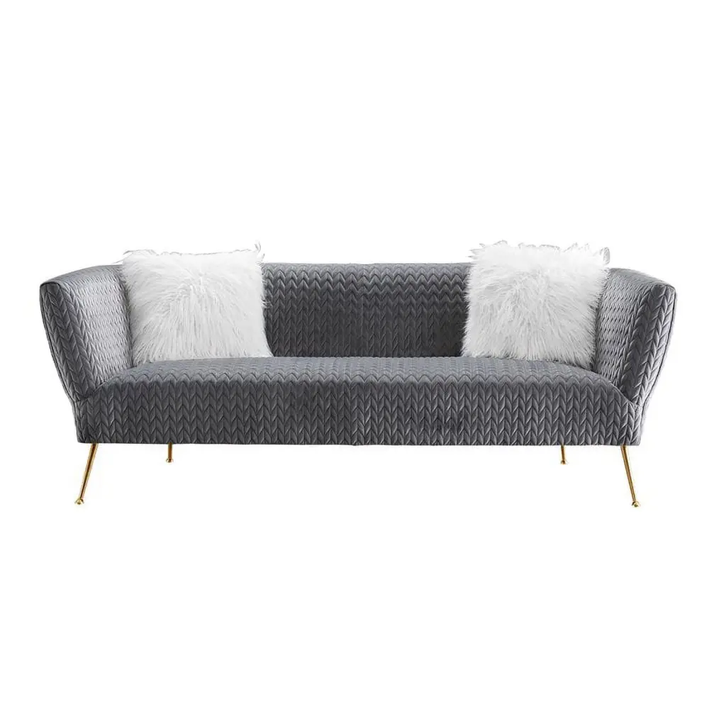 American Eagle Furniture Quilted Modern Velvet Sofa Metal Legs Gray
