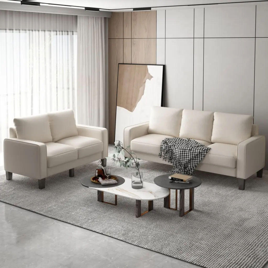 Compact Beige Fabric Sofa Contemporary 2+3 Seat Solid Wood Frame Living Room HATNOKIL