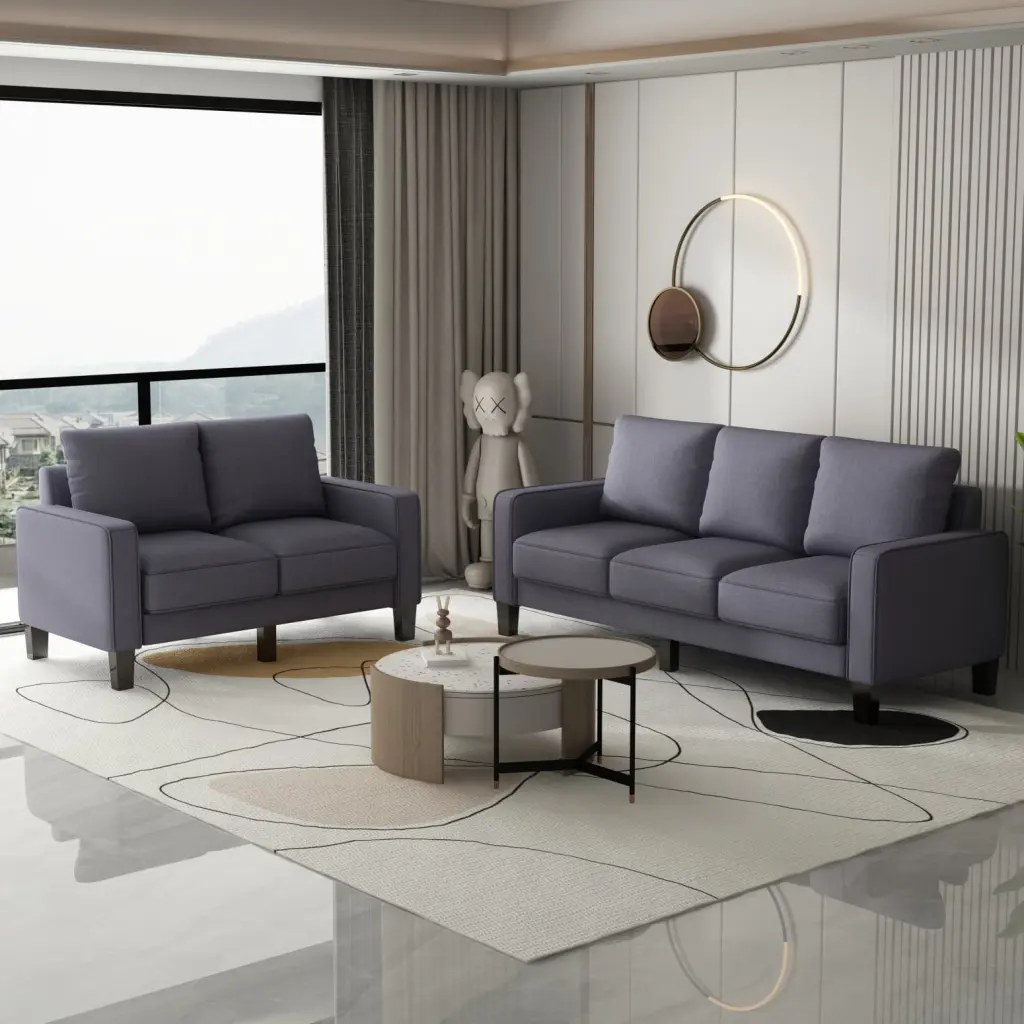 2+3 Seat Dark Grey Fabric Sofa Modern Living Room Small Spaces Wood Metal Construction Ponnky