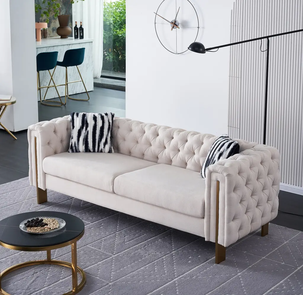 84 Inch Tufted Velvet Sofa Couch Living Room Comfy Couches Beige 2 Pillows Waytrim