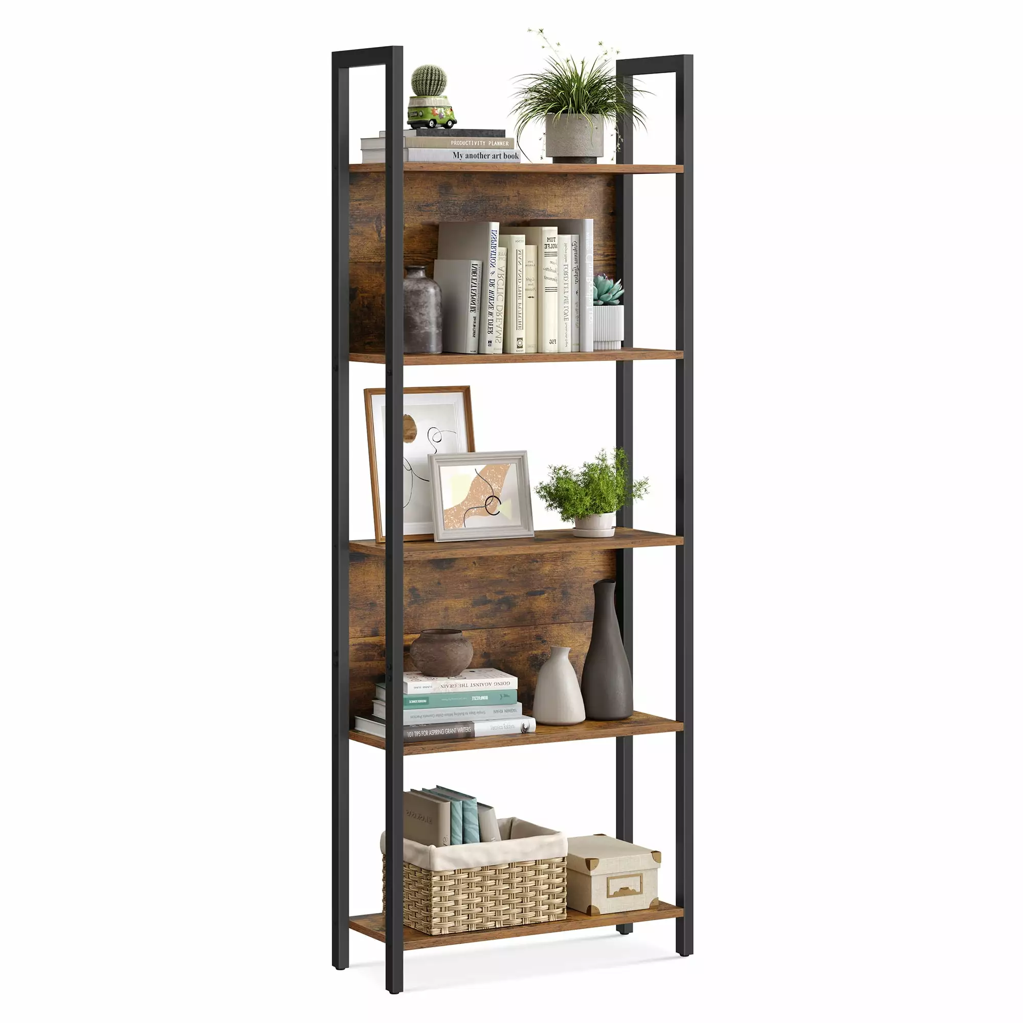 VASAGLE 5-Tier Bookshelf Storage Rustic Brown and Black Particleboard Steel