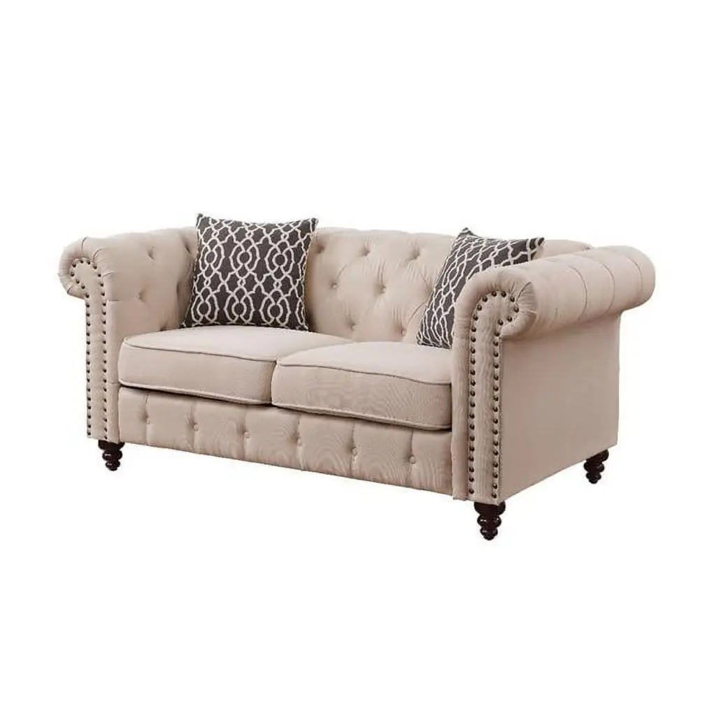 Beige 100 Percent Linen Black Standard Love Seat Fancy Fixtures