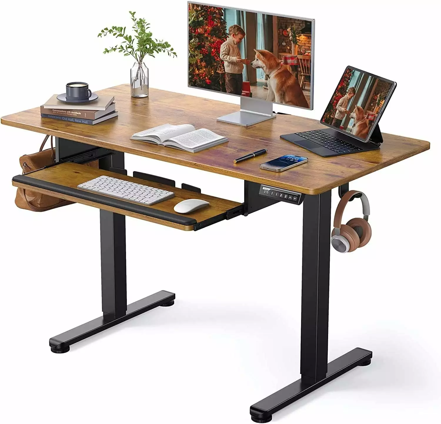 Electric Standing Desk 48x24 Inches Adjustable Height Sit Stand Up Desk Full Size Keyboard Tray Vintage Brown B&B Charcoal
