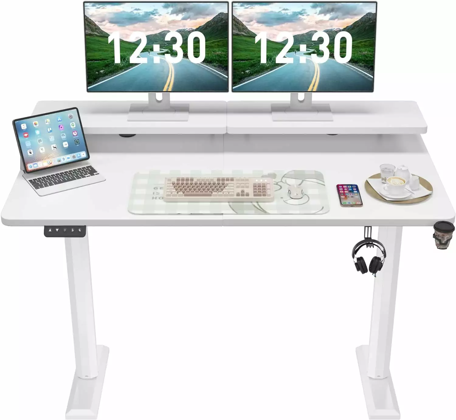 BIZFURN Electric Standing Desk 55 x 24 Inches Height Adjustable Sit Stand Up Desk Cup Holder and Hook White