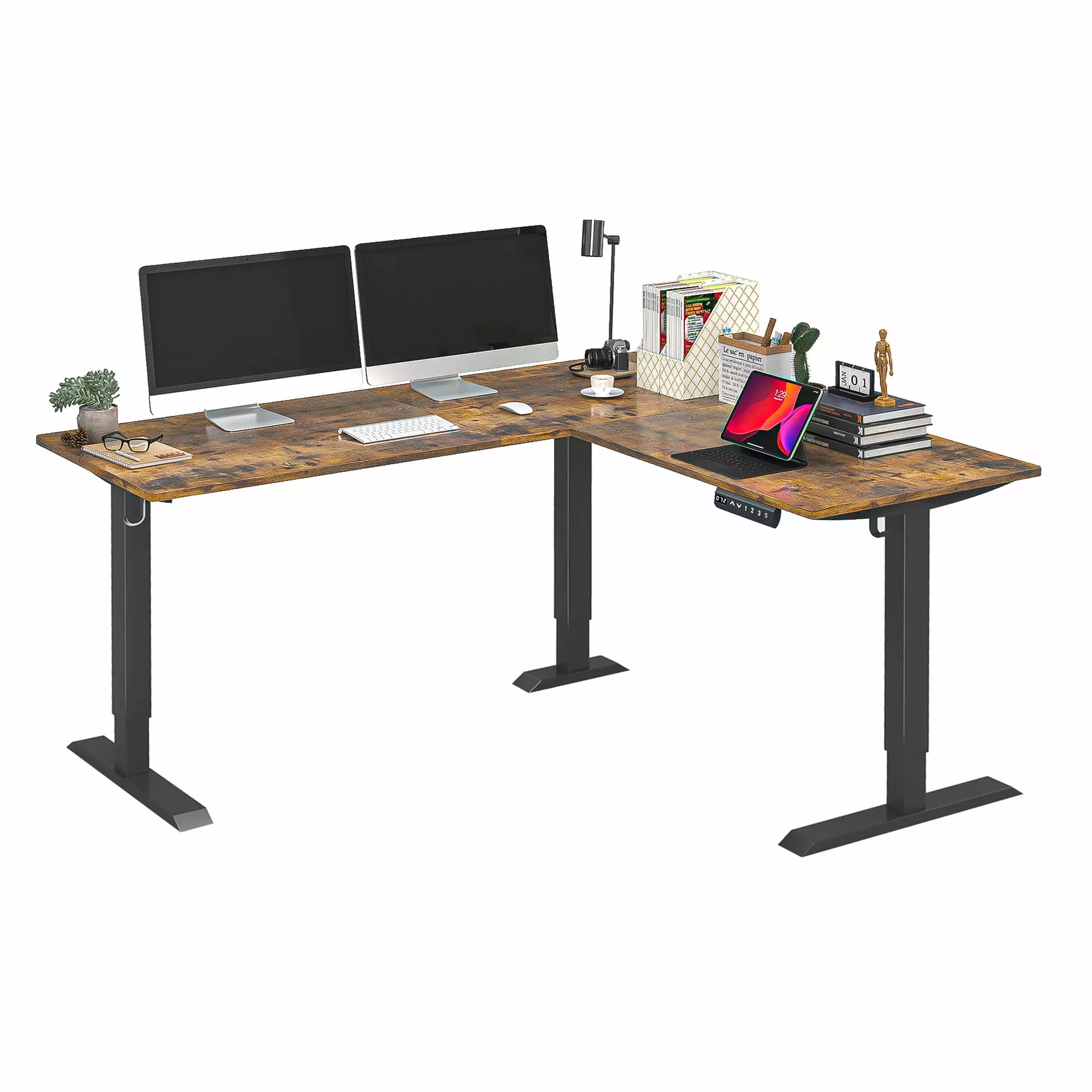 BREEZEHEAT 63 x 55.12 Inch Shaped Electric Standing Desk Rustic Brown Top