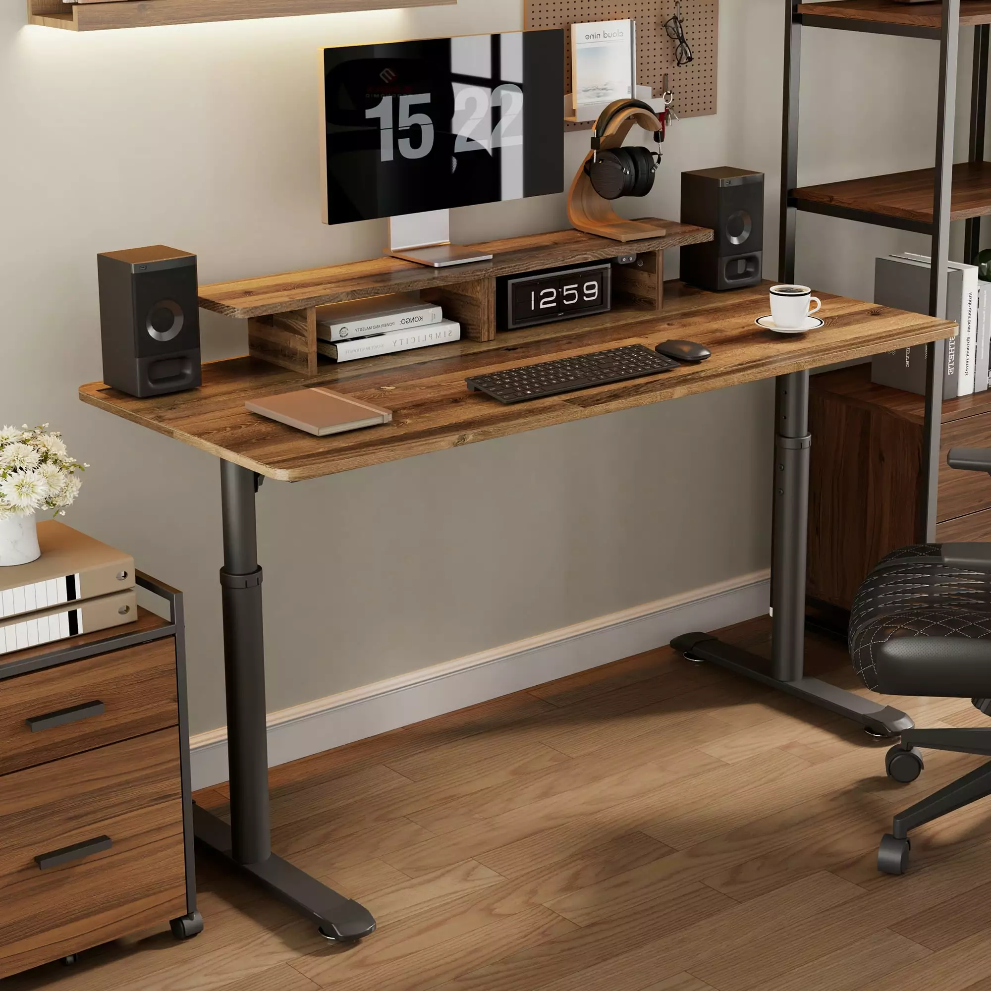 Eureka Ergonomic 60 Inch Height Adjustable Desk Monitor Stand Rustic Wood
