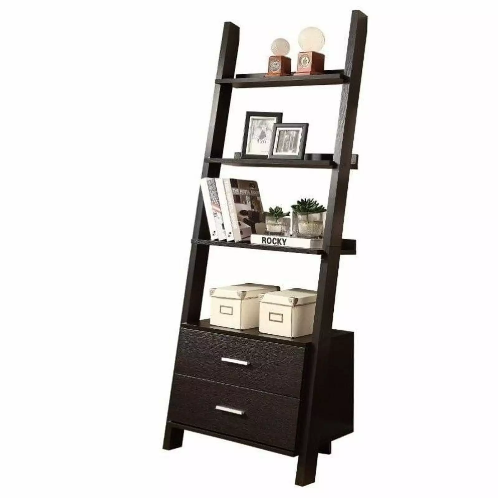 Pemberly Row 69 Ladder Bookcase 2 Storage Drawers Cappuccino - Modern Bookshelf