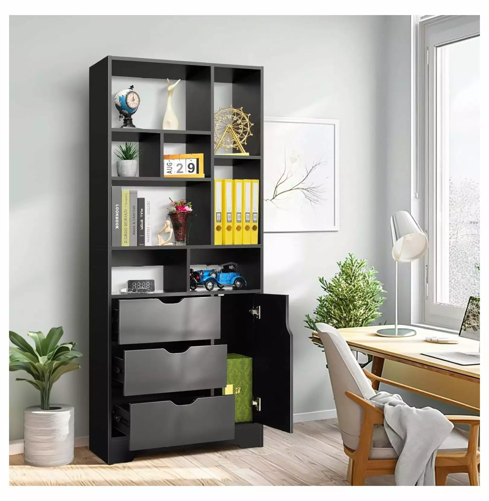 Black 71 Tall Bookshelf Doors and 3 Drawers 4-Tier Open Shelves Library Bookcase ZHANGHU