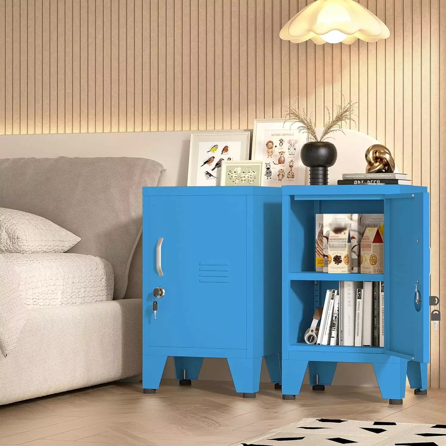 Metal Nightstand Storage Cabinet Lock Adjustable Shelf Under Desk Lockable Steel File Cabinet Home Office Living Room Bedr...