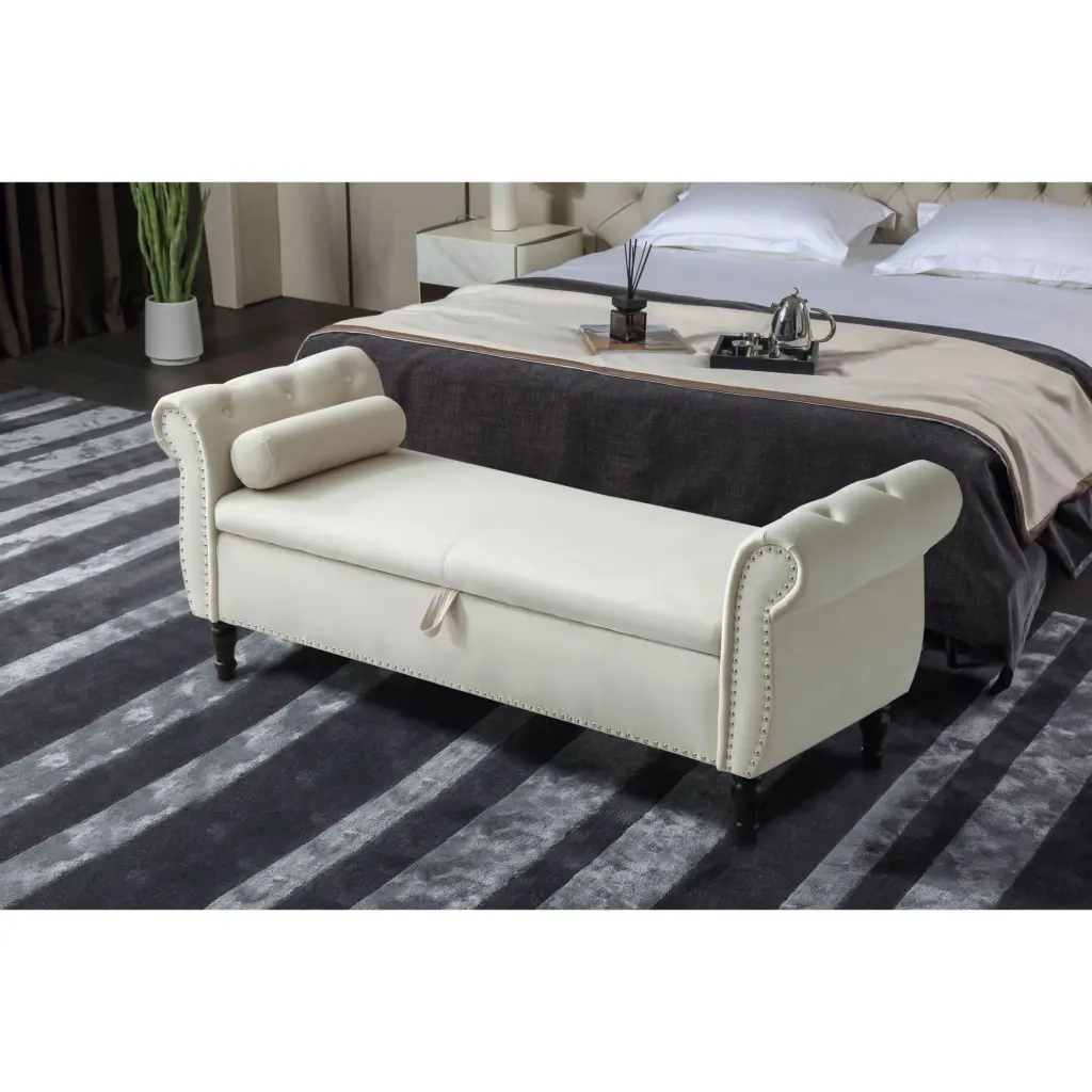 63 Velvet Multifunctional Storage Rectangular Sofa Stool Tufted Buttons and Solid Wood Legs CNCJ