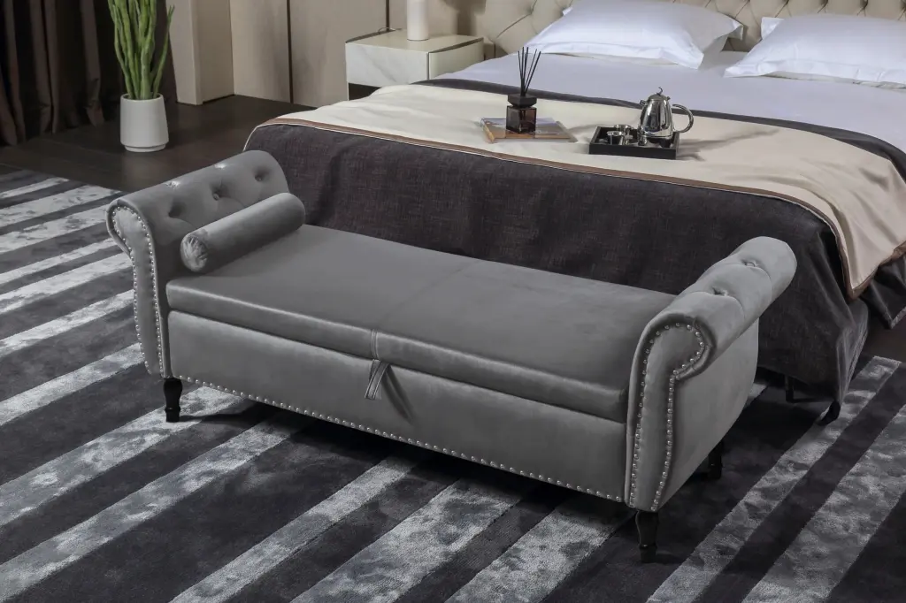 Living Pavilion 63 Velvet Multifunctional Storage Sofa Stool Tufted Buttons Nailhead Trim and Solid Wood Legs Grey unknown