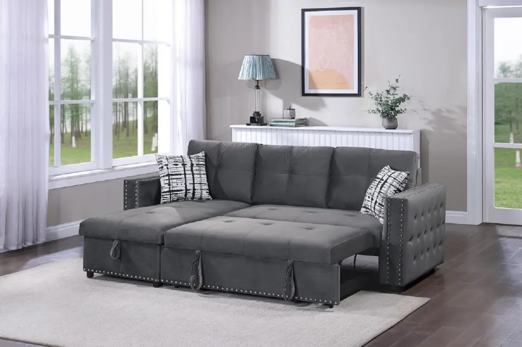 Gray Convertible Sectional 2pc Set Velvet Tufted Sofa Reversible Chaise Storage Lounge Living Room Esofastore