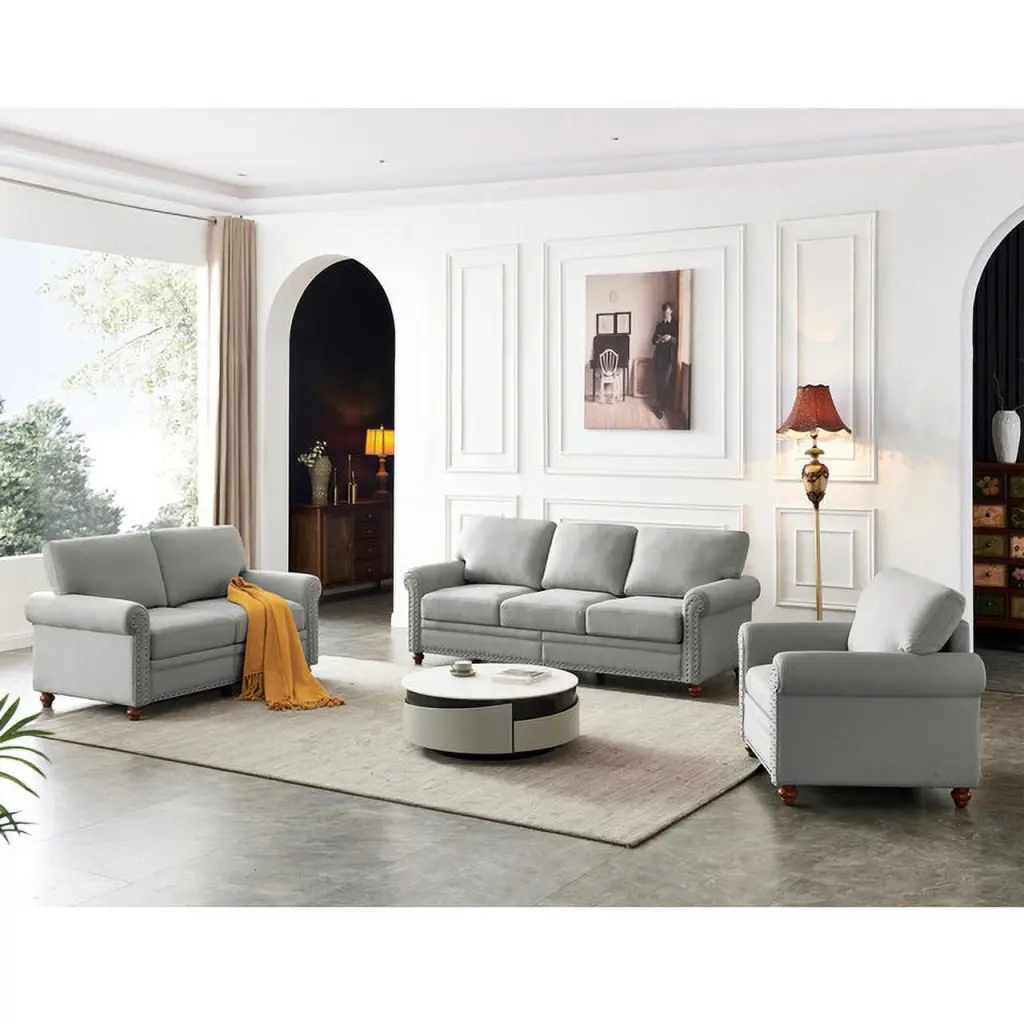 Grey Linen Fabric Upholstery Sectional Sofa Storage and Nailhead Decor Ponnky
