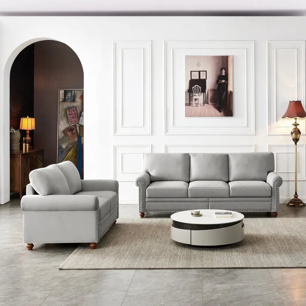 2+3 Sectional Sofa Grey Linen Fabric Storage, Solid Wood & Metal Frame, High Elastic Sponge Cushion Ponnky