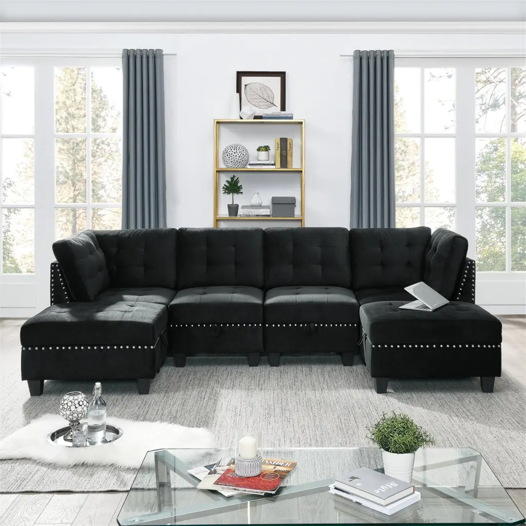 Velvet Sectional Couch Storage Living Room Modular Sofa Two Single Chairs and Ottomans ARCTICSCORPION