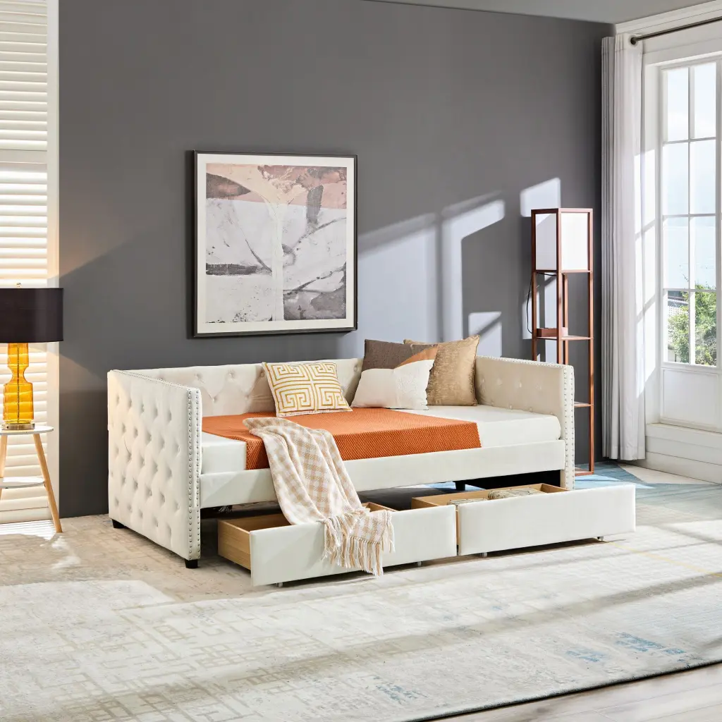 Sofa Bed Drawers Modern Velvet Upholstered Button Tufted Sofa Bed Frame Double Drawers Bedroom or Living Room Beige CNCJ