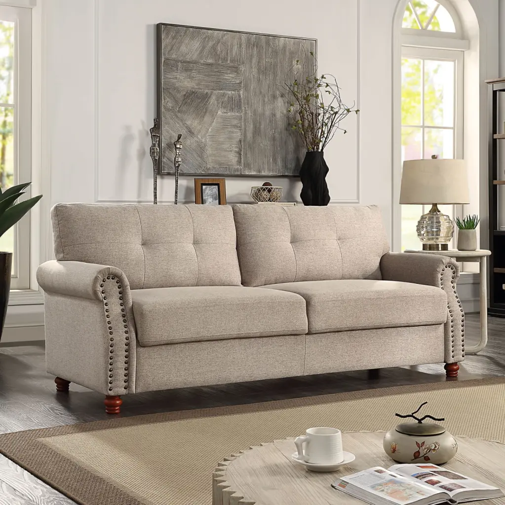 Beige Linen Fabric Storage Sofa Tufted Cushions and Solid Wood Frame HATNOKIL
