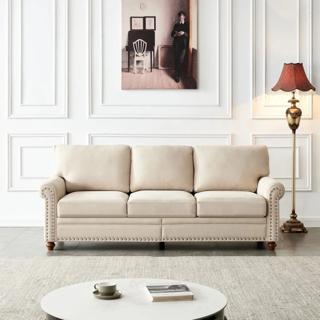 Spacious Beige Storage Sofa Luxurious Linen Fabric Upholstery HATNOKIL