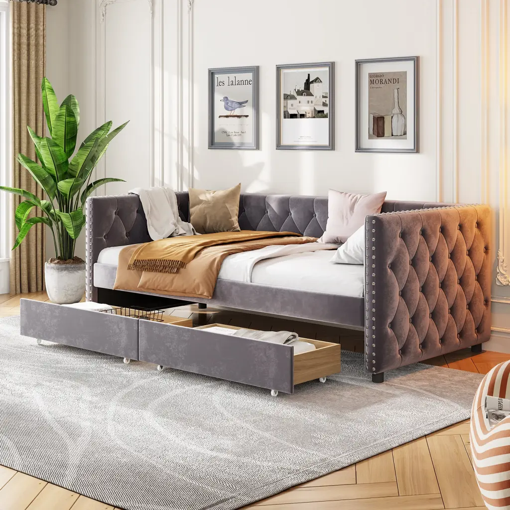Sofa Bed Drawers Modern Velvet Upholstered Button Tufted Sofa Bed Frame Double Drawers Bedroom or Living Room Grey Jamini